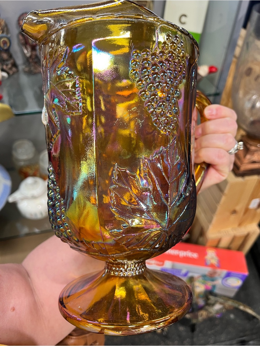 Carnival Glass Grape & Leaf Pedestal Pitcher - Iridescent Amber